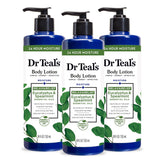Dr Teal's 24-hour moisture lotion bottle close-up with eucalyptus and spearmint scent for lasting hydration