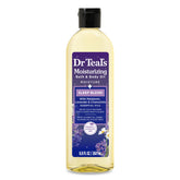 Dr Teal's aceite hidratante para baño enfocado en la botella, hidratación suave durante el baño.