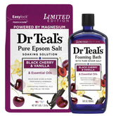 Dr Teal's bath set packaging showcases limited edition Black Cherry & Vanilla for spa-like baths.