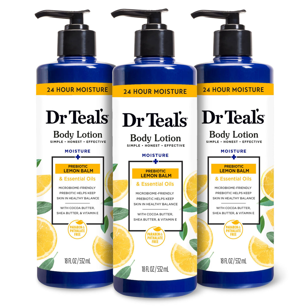 Dr Teal's Body Lotion lemon balm bottle shows a hydrating, skin-softening formula.