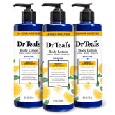 Dr Teal's Body Lotion lemon balm bottle shows a hydrating, skin-softening formula.