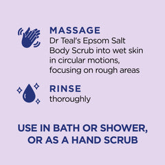 Dr Teal's body scrub texture close-up highlights gentle exfoliation.