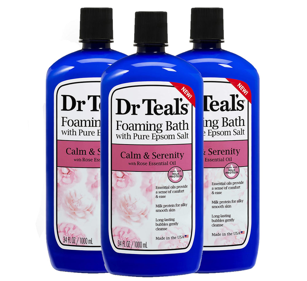 Dr Teal's Calm & Serenity: vertido de la botella con rosa y aroma suave.