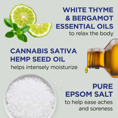 Cannabis Sativa hemp seed oil dropper highlights the hemp blend in Dr Teal's soak.