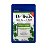 Dr Teal's Relax & Relief bottle with eucalyptus and spearmint aroma for relaxing muscle comfort.