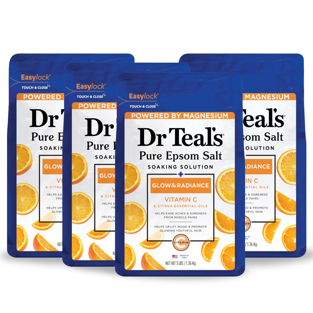 Dr Teal's Glow & Radiance bath salt with Vitamin C delivers skin-brightening benefits and a refreshing vibe.