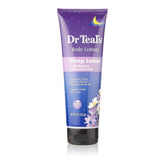 Dr Teal's loción corporal de melatonina, botella visible para uso nocturno y piel suave.