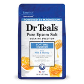 Dr Teal's milk and honey bath salt bottle offers a nourishing soak for soft skin