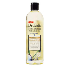 Dr Teal's Nourishing Coconut Oil bottle pour illustrating quick absorption.