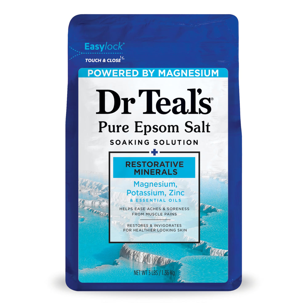 Dr Teal's Pure Epsom Salt bottle front highlighting minerals to help soothe muscles