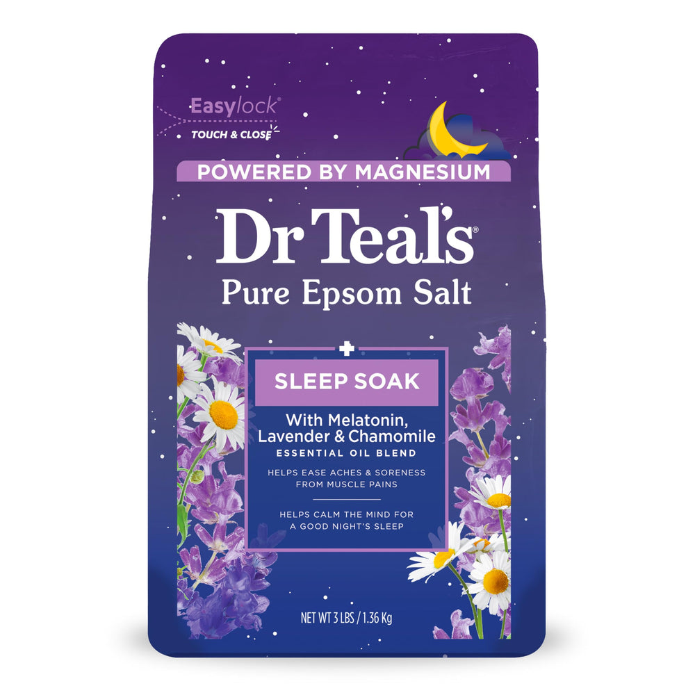 Dr Teal's Pure Epsom Salt Sleep Blend bottle with lavender aroma for relaxation.