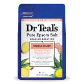 Dr Teal's Pure Epsom Salt bottle shown for stress relief and muscle relaxation.