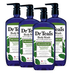 Dr Teal's Relax and Relief body wash bottle with label visible for a refreshing cleanse.