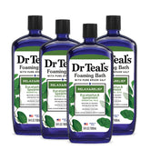 Dr Teal's Relax & Relief foaming bath bottle pouring for a calming soak.