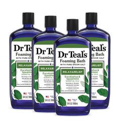 Dr Teal's Relax & Relief foaming bath bottle pouring for a calming soak.
