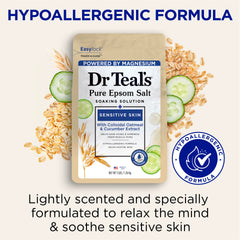 Dr Teal's relaxing bath scene with Sensitive Skin soak conveys spa-like ritual.