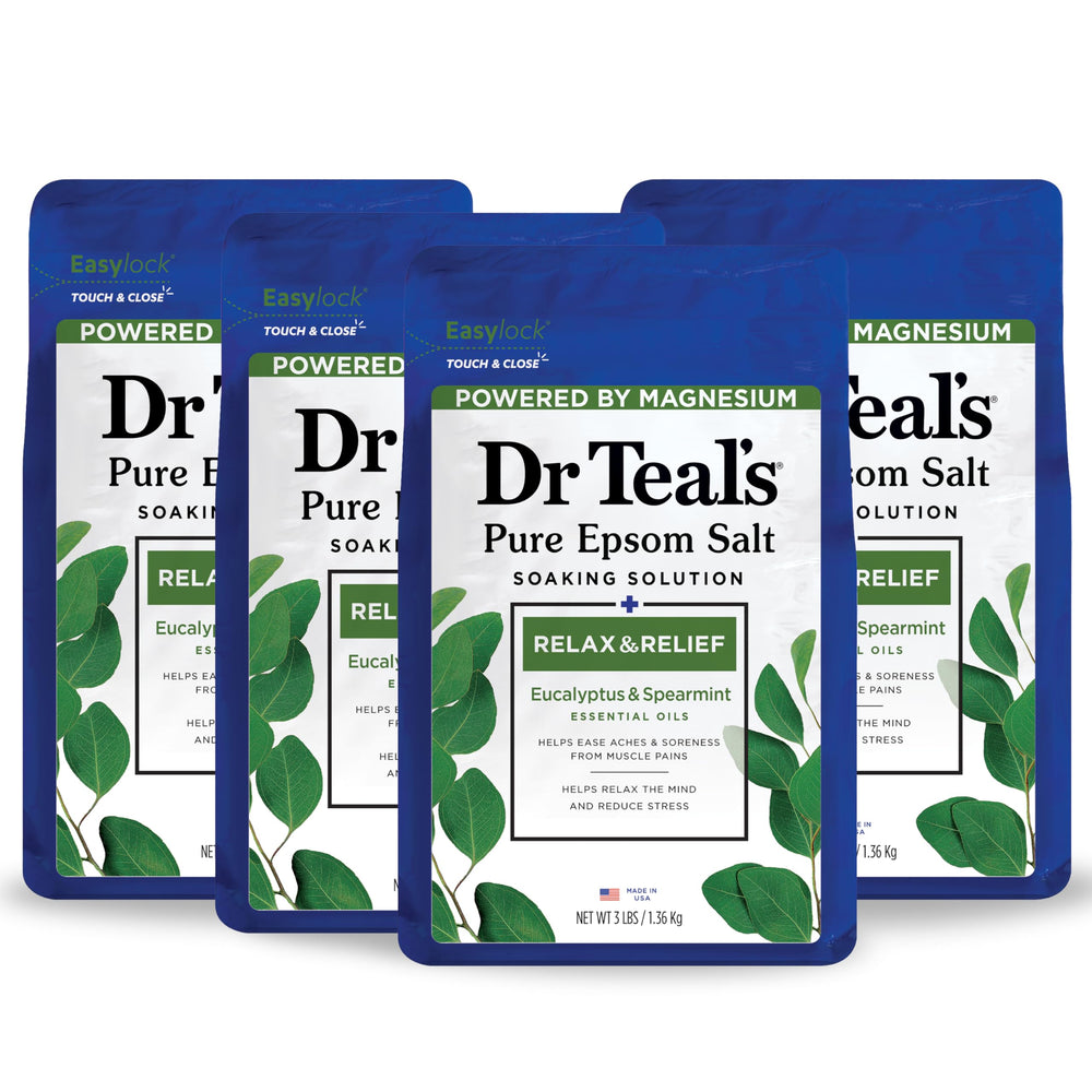 Dr Teal's sal epsom puro para relajación muscular en baño.
