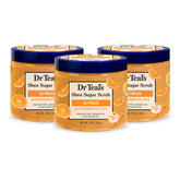 Dr Teal's Citrus Shea Sugar Scrub jar close-up showing texture for exfoliation.