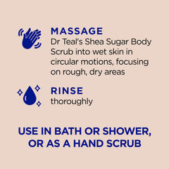 Dr Teal's Shea Sugar Body Scrub cream texture closeup emphasizes moisturizing feel.