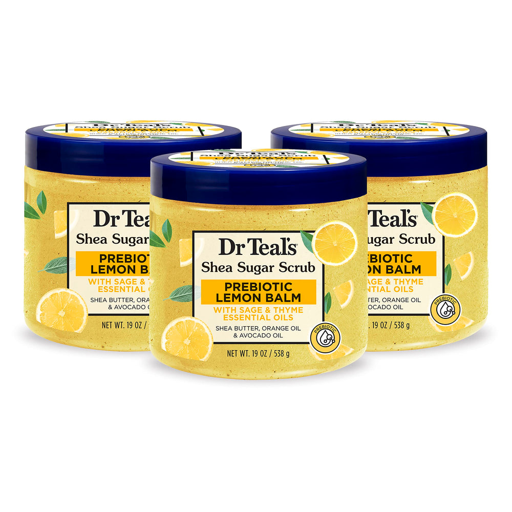 Dr Teal's Shea Sugar Scrub en envase de 3 para exfoliar suavemente.