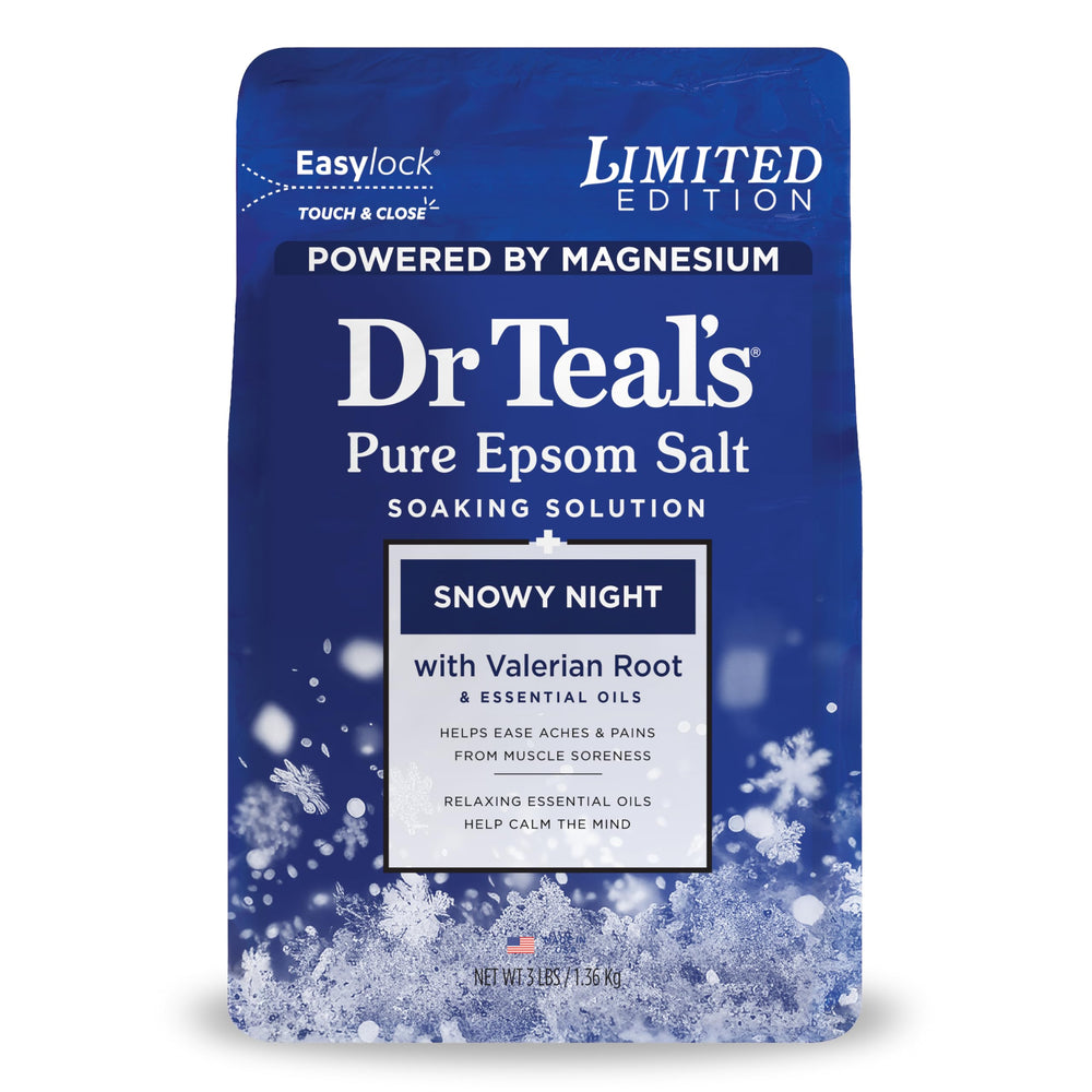 Dr Teal's Snowy Night bath salt bottle pour promotes relaxation with magnesium.