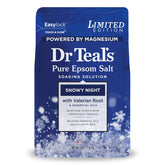 Dr Teal's Snowy Night bath salt bottle pour promotes relaxation with magnesium.