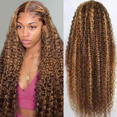 Draixil honey blonde 30-inch deep wave lace front wig with natural part and full volume