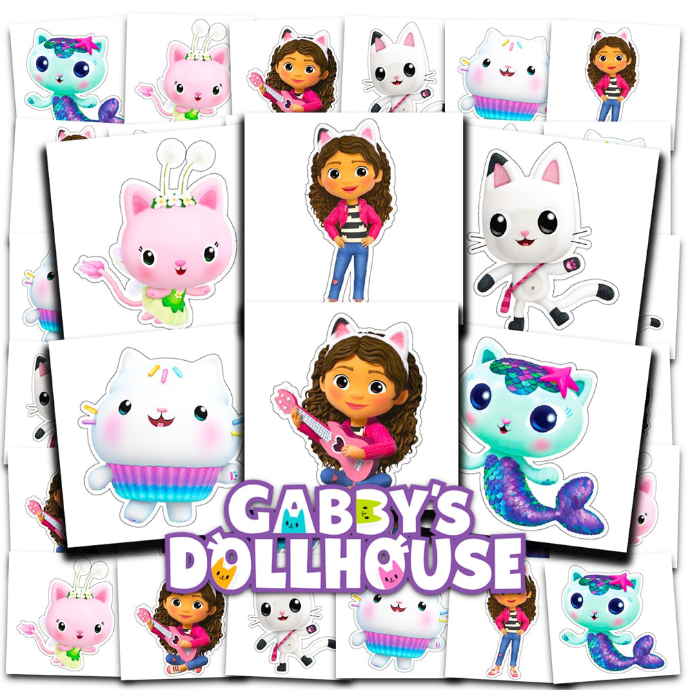 Tatuajes DreamWorks Gabby's Dollhouse, diseño de personajes para fiestas infantiles.