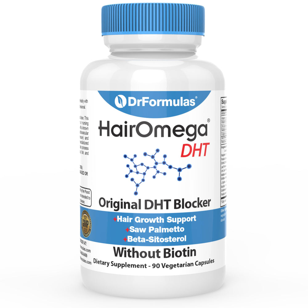 DrFormulas HairOmega bottle showing biotin-free DHT blocker for men and women