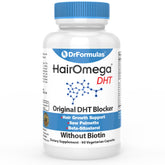 DrFormulas HairOmega bottle showing biotin-free DHT blocker for men and women