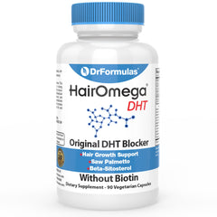 DrFormulas HairOmega bottle showing biotin-free DHT blocker for men and women
