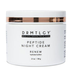 DRMTLGY Peptide Night Cream bottle front view highlighting hydration for all skin types.