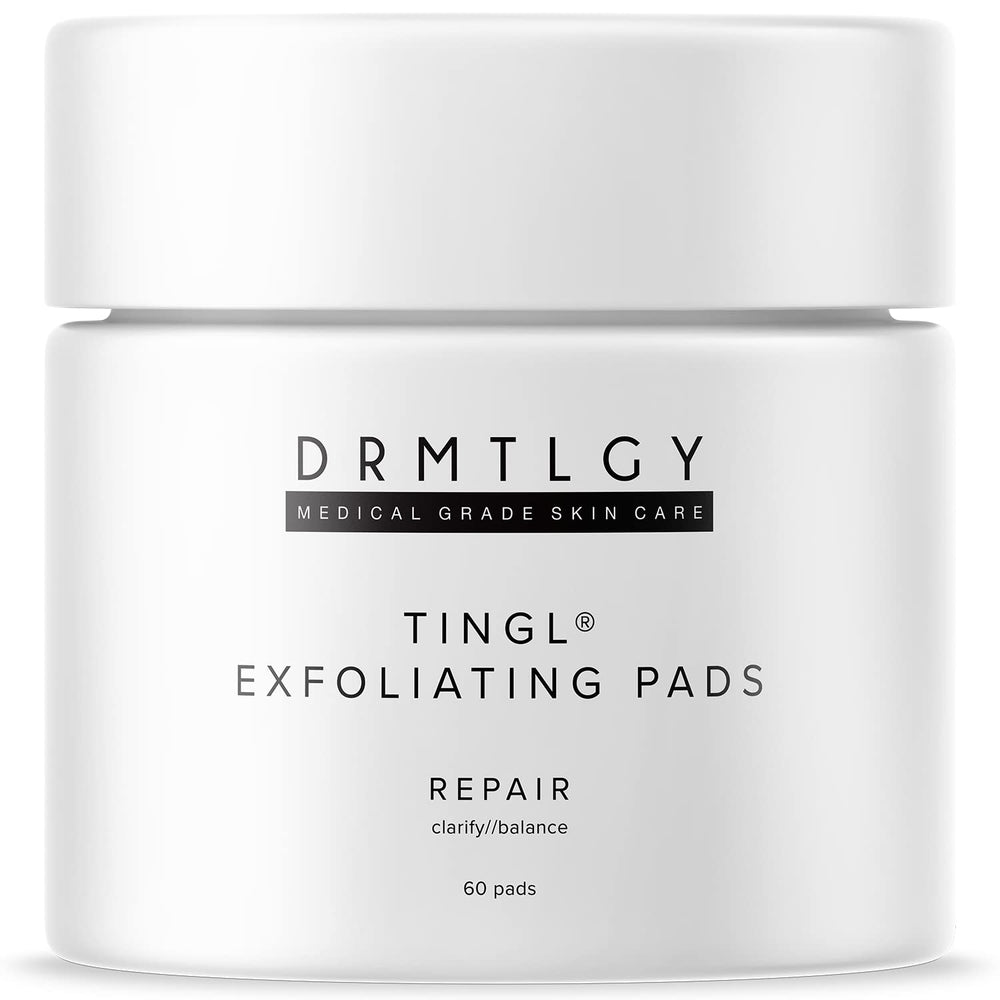 DRMTLGY Tingl Pads packaging on display, signaling a convenient all-in-one exfoliant for busy mornings.
