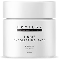 DRMTLGY Tingl Pads packaging on display, signaling a convenient all-in-one exfoliant for busy mornings.