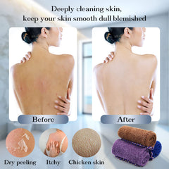 Dr.Pedi purple-handled net sponge provides gentle exfoliation for back and shoulders.