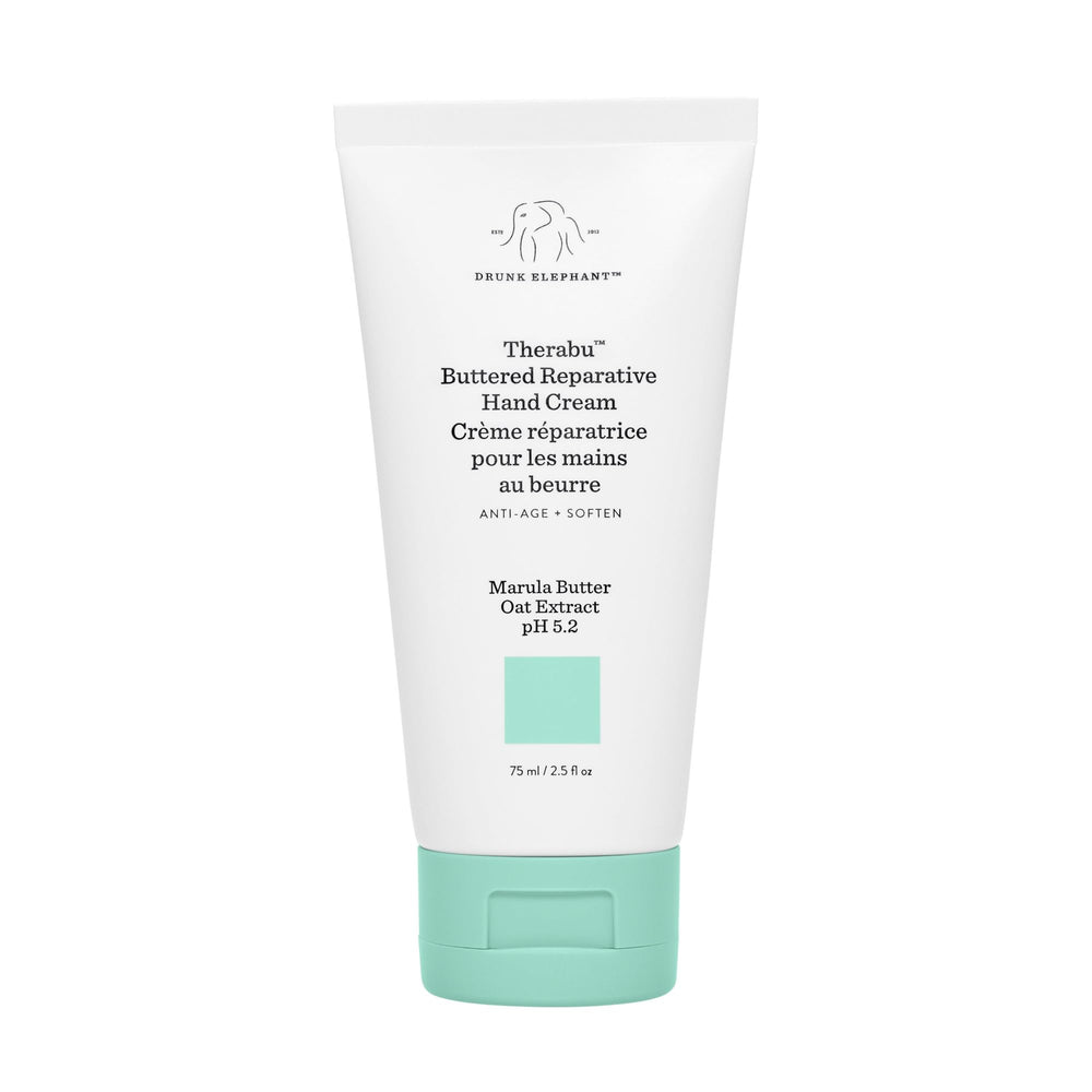 Drunk Elephant Therabu Buttered Reparative Hand Cream tube provides lasting moisture.