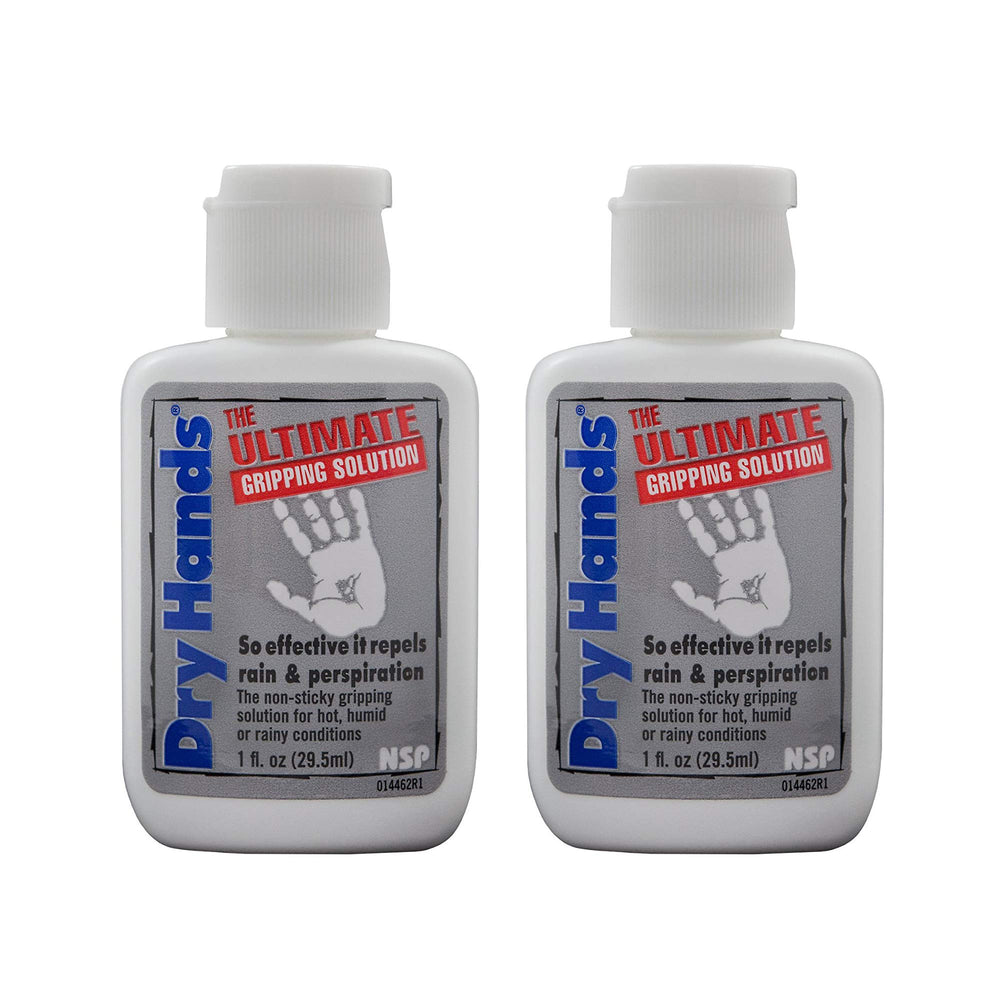 Two bottles of Dry Hands All-Sport grip lotion for secure grip in rain and sweat.