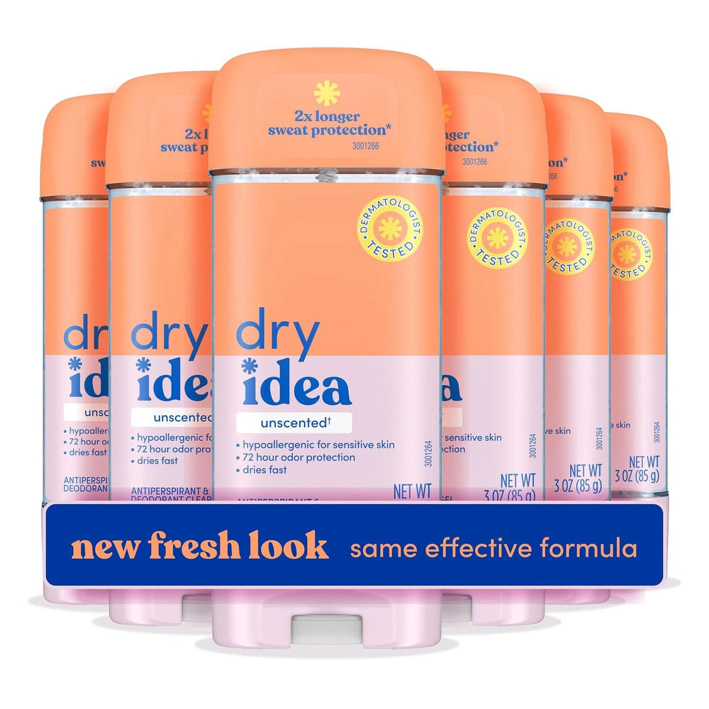 Dry Idea gel deodorant unscented bottle showing gentle protection for sensitive skin