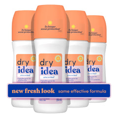 Dry Idea unscented roll-on bottle close-up with a clear, fast-drying finish.