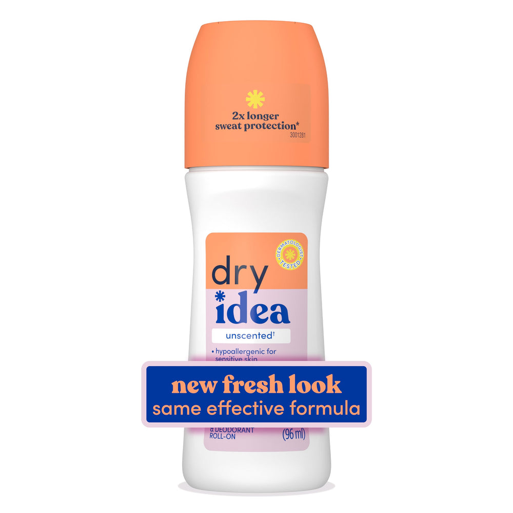 Dry Idea Unscented Roll-On bottle showing long-lasting protection for daily use
