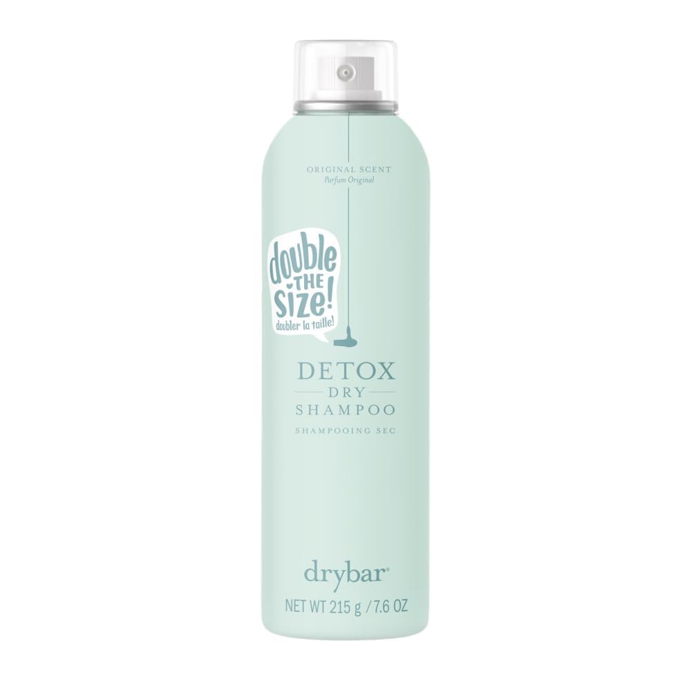 Drybar Detox Dry Shampoo Spray bottle shows oil absorption for refreshed roots.