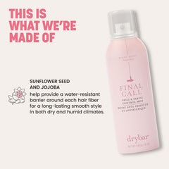 Drybar Final Call Mist muestra protección UV y manejo del daño ambiental.