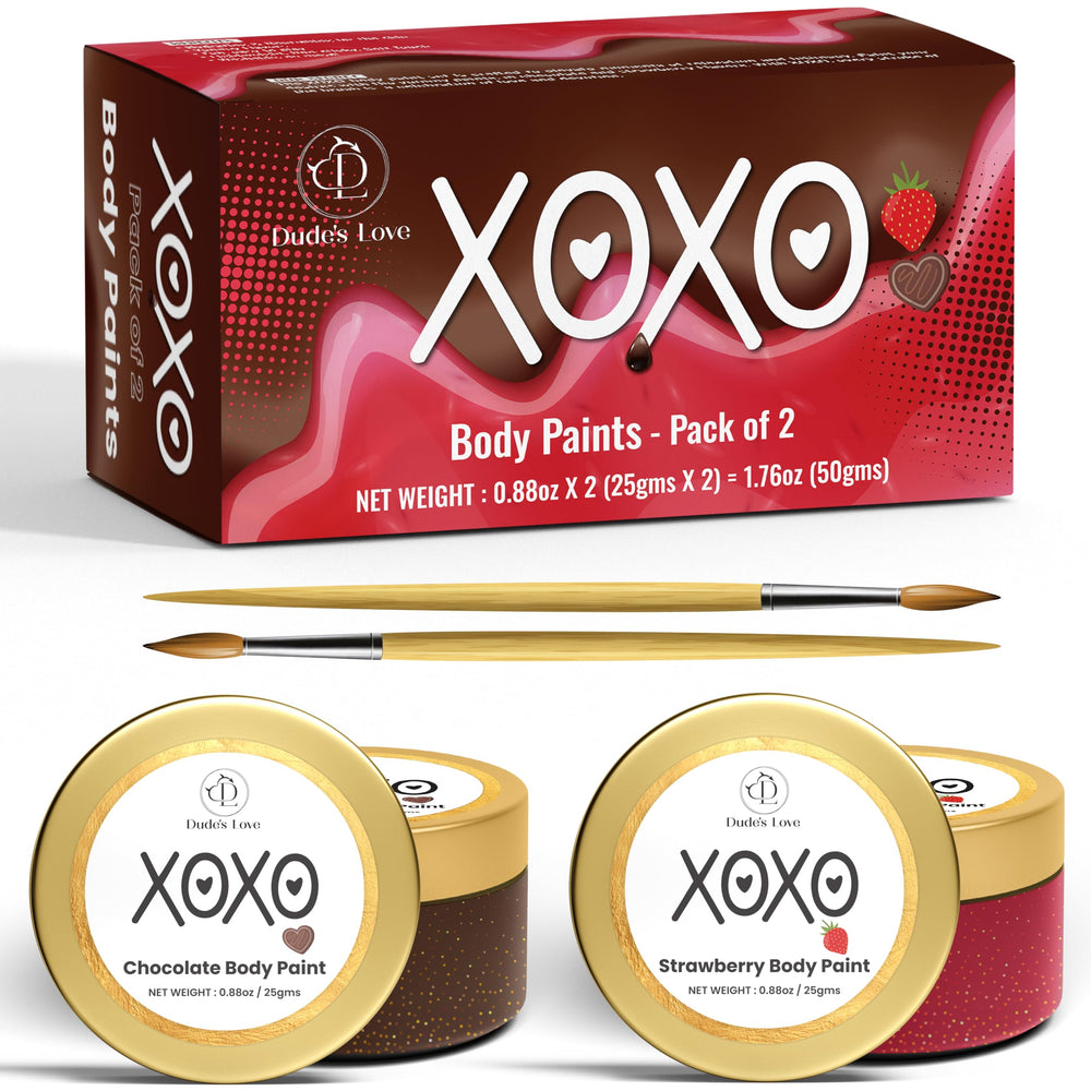 Pinturas corporales comestibles de Dude's Love en sabores fresa y chocolate para parejas.