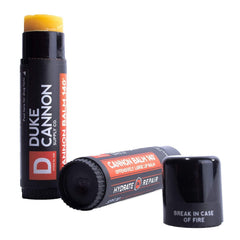 Duke Cannon Cannon Balm 3-pack product display emphasizing long‑lasting lip care