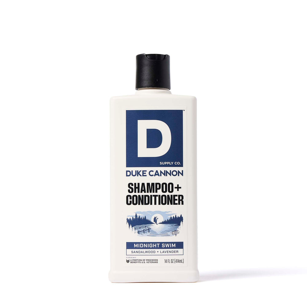 Duke Cannon Midnight Swim 2-en-1: frasco frontal, limpieza rápida para días ocupados.