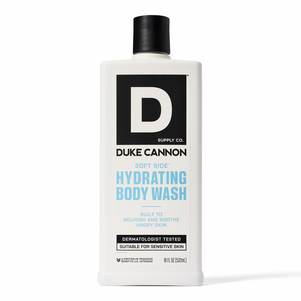 Duke Cannon Ducha Corporal Hidratante, frente de la botella, hidratación para piel seca.