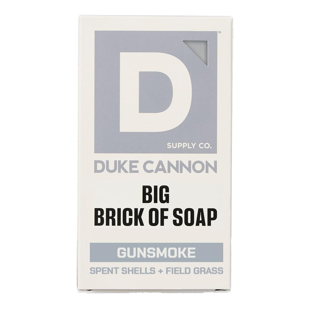 Duke Cannon: barra grande con humo de pistola, limpieza profunda para piel masculina.