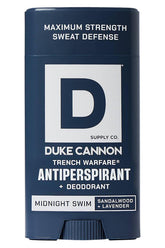 Duke Cannon Midnight Swim antiperspirant bottle front view for all-day protection.
