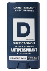 Duke Cannon Midnight Swim antiperspirant bottle front view for all-day protection.