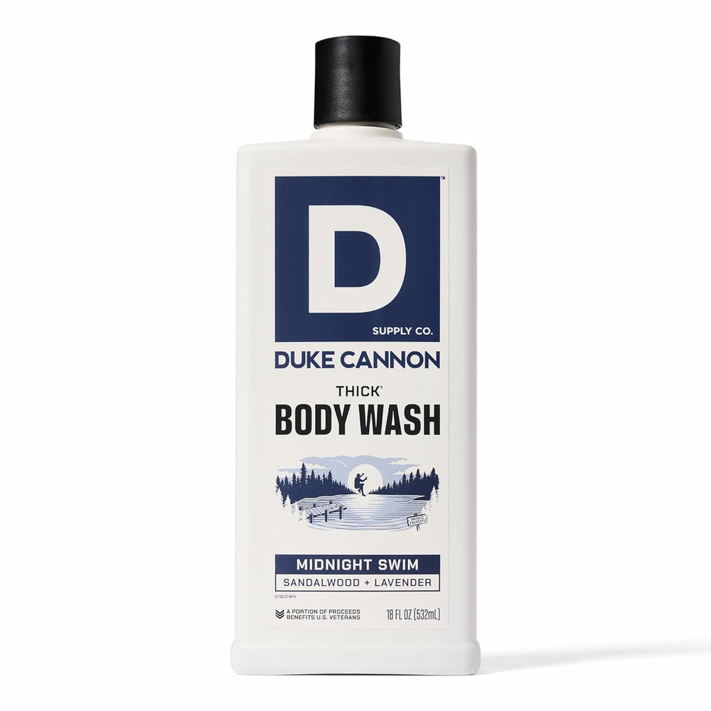 Duke Cannon Midnight Swim, botella frontal, aroma fresco y duradero para la ducha diaria.